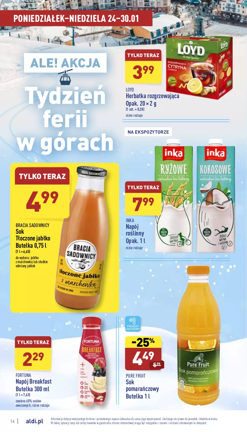 Gazetka promocyjna Aldi - Katalog spożywczy - ważna 24.01 do 30.01.2022 - strona 14 - produkty: Fa, Fortuna, Inka, Loyd, Napój, Napój roślinny, Pur, Sok, Sok pomarańczowy, Tera