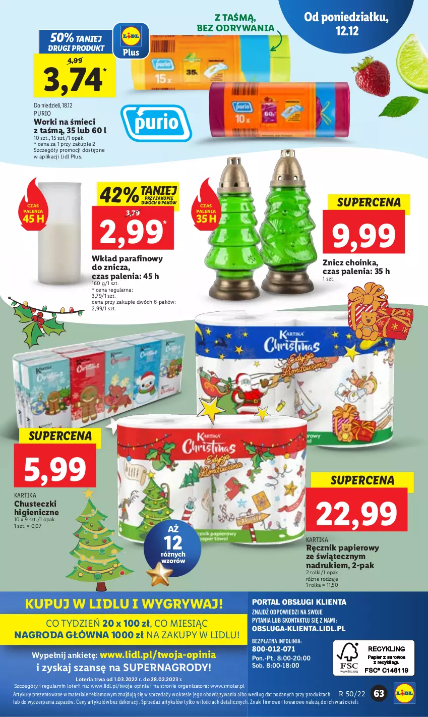 Gazetka promocyjna Lidl - GAZETKA - ważna 12.12 do 14.12.2022 - strona 73 - produkty: Choinka, Chusteczki, Gry, Inka, Mola, Papier, Pur, Ręcznik, Rolki, Worki na śmiec, Worki na śmieci, Znicz