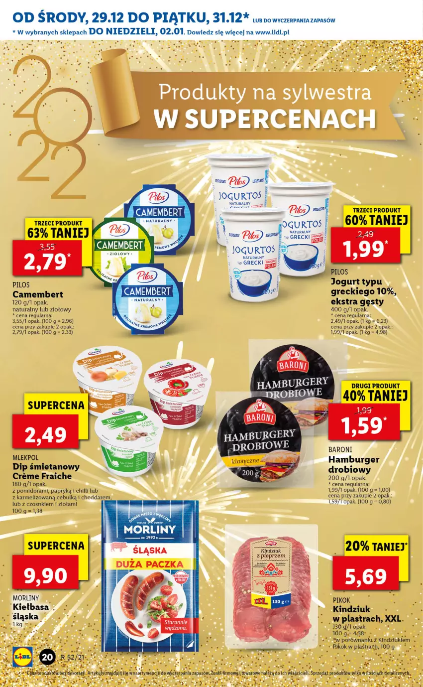 Gazetka promocyjna Lidl - GAZETKA - ważna 29.12.2021 do 02.01.2022 - strona 20 - produkty: Beko, Burger, Camembert, Cheddar, Hamburger, Jogurt, Kiełbasa, Kindziuk, Morliny, PIKOK, Pilos, Por