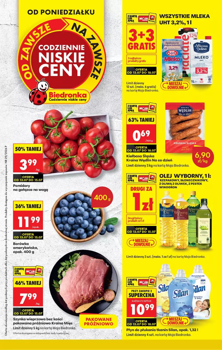 Gazetka promocyjna Biedronka - Od Poniedziałku - ważna 13.07 do 18.07.2026 - strona 1 - produkty: Borówka, Gra, Kiełbasa, Kiełbasa śląska, Kret, Olej, Płyn do płukania, Pomidory, Silan, Stek, Szynka, Szynka wieprzowa, Wino