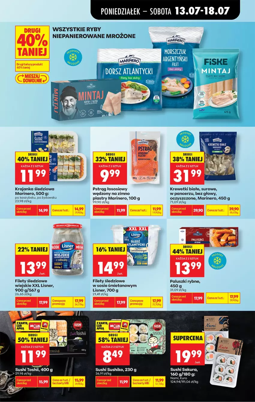 Gazetka promocyjna Biedronka - Od Poniedziałku - ważna 13.07 do 18.07.2026 - strona 45 - produkty: Krajanka śledziowa, Krewetki, Lisner, Paluszki rybne, Pstrąg, Pstrąg łososiowy, Sos, Sushi