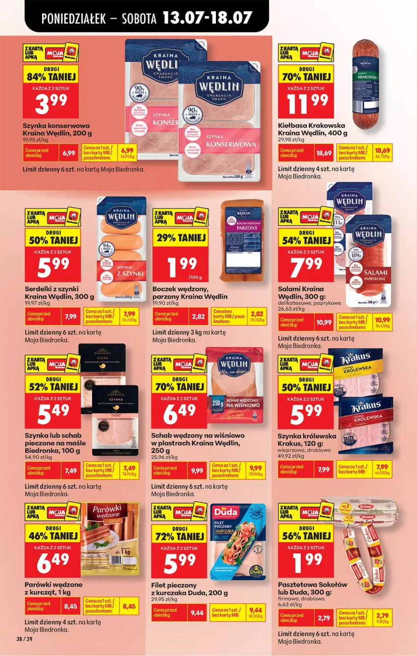 Gazetka promocyjna Biedronka - Od Poniedziałku - ważna 13.07 do 18.07.2026 - strona 50 - produkty: Boczek, Duda, Fa, Kiełbasa, Kiełbasa krakowska, Krakus, Kurczak, Parówki, Pasztet, Piec, Salami, Ser, Serdelki, Sok, Sokołów, Szynka, Szynka konserwowa, Szynka Królewska