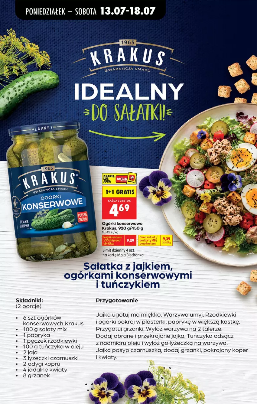 Gazetka promocyjna Biedronka - Od Poniedziałku - ważna 13.07 do 18.07.2026 - strona 52 - produkty: Jaja, Krakus, Ogórki konserwowe, Olej, Papryka, Plasterki, Por, Sałat, Ser, Siatka, Talerz, Tuńczyk, Warzywa