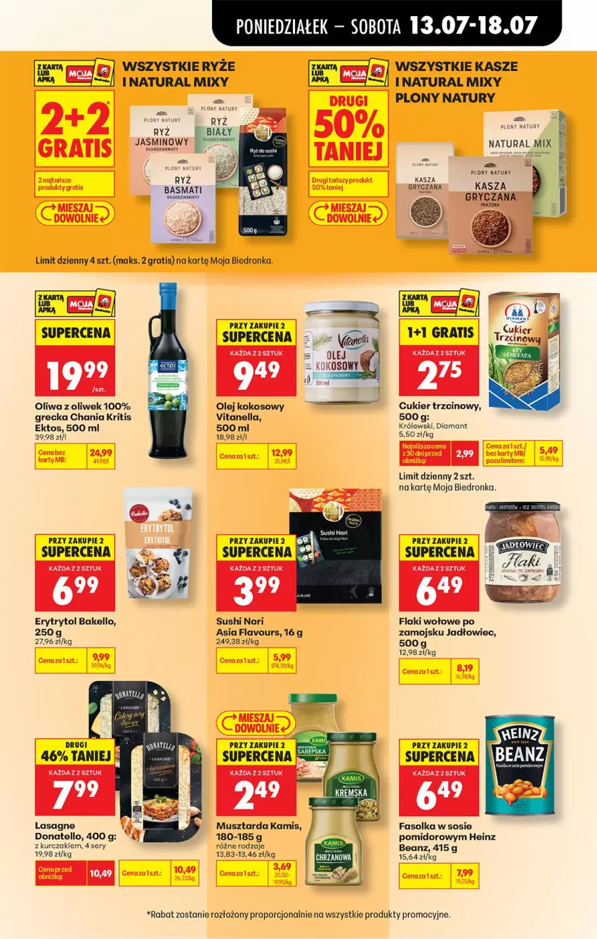 Gazetka promocyjna Biedronka - Od Poniedziałku - ważna 13.07 do 18.07.2026 - strona 59 - produkty: Chrzan, Cukier, Cukier trzcinowy, Diamant, Fa, Flaki, Flaki wołowe, Gra, Gry, Heinz, Kamis, Kasza, Kokos, Królewski, Kurczak, Lasagne, Mus, Musztarda, Olej, Olej kokosowy, Oliwa, Oliwa z oliwek, Por, Ryż, Ryż basmati, Ryż biały, Ser, Sos, Sushi