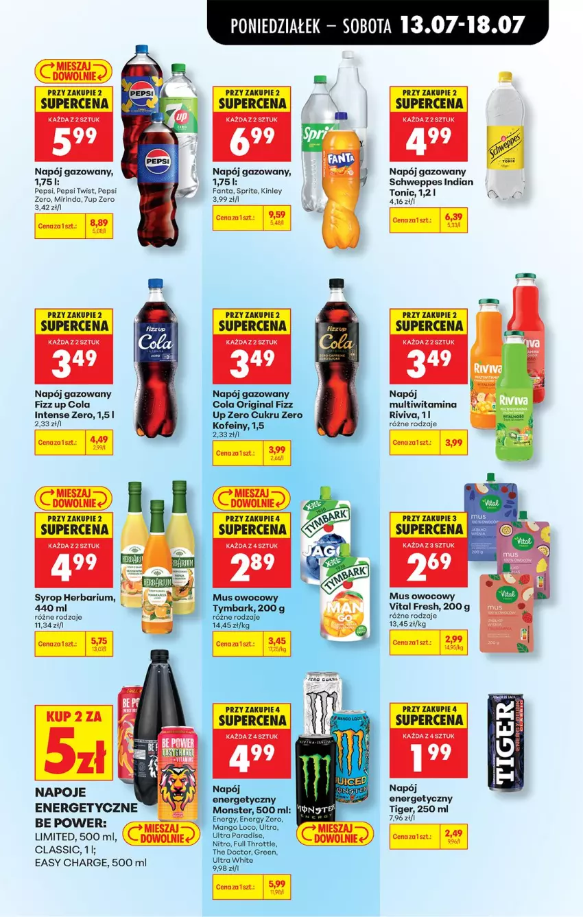 Gazetka promocyjna Biedronka - Od Poniedziałku - ważna 13.07 do 18.07.2026 - strona 71 - produkty: 7up, Fa, Fanta, Full Throttle, Gin, LG, Mirinda, Mus, Napój, Napój energetyczny, Napój gazowany, Napoje, Pepsi, Schweppes, Sprite, Syrop, Tiger