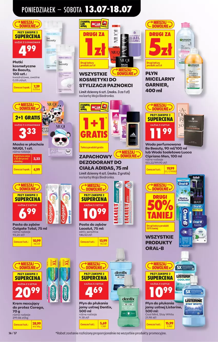 Gazetka promocyjna Biedronka - Od Poniedziałku - ważna 13.07 do 18.07.2026 - strona 76 - produkty: Adidas, Be Be, Colgate, Colgate Total, Corega, Dezodorant, Fa, Garnier, Gra, Lacalut, LG, Listerine, Maska, Maska w płachcie, Niuqi, Panda, Pasta do zębów, Perfum, Płyn do płukania, Płyn do płukania jamy ustnej, Por, Tera, Woda, Woda perfumowana, Woda toaletowa