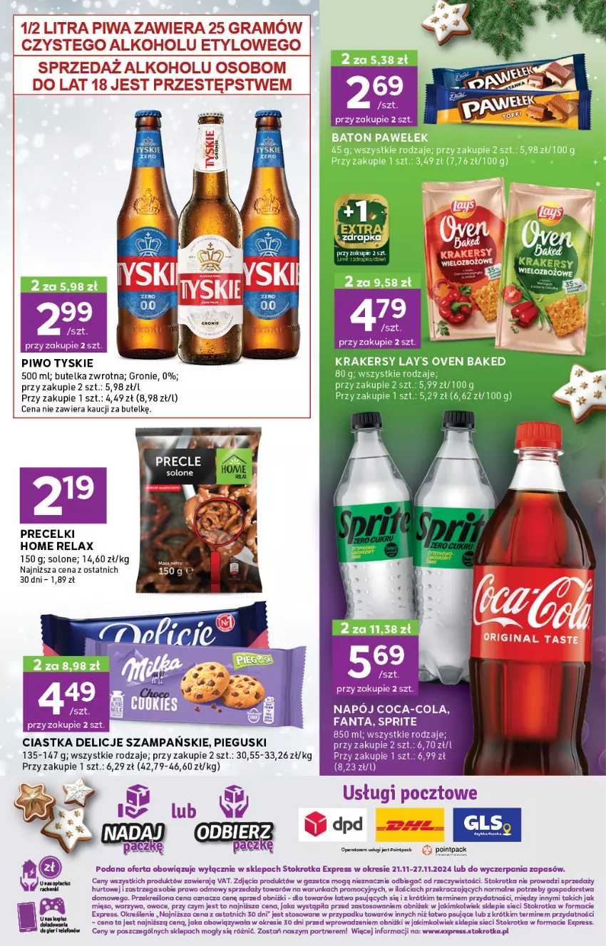 Gazetka promocyjna Stokrotka - Stokrotka Express - ważna 21.11 do 27.11.2024 - strona 3 - produkty: Ciastka, Coca-Cola, Delicje, Fa, Fanta, Gin, Gra, Krakersy, Owoce, Piwa, Piwo, Precelki, Sprite, Tyskie, Warzywa