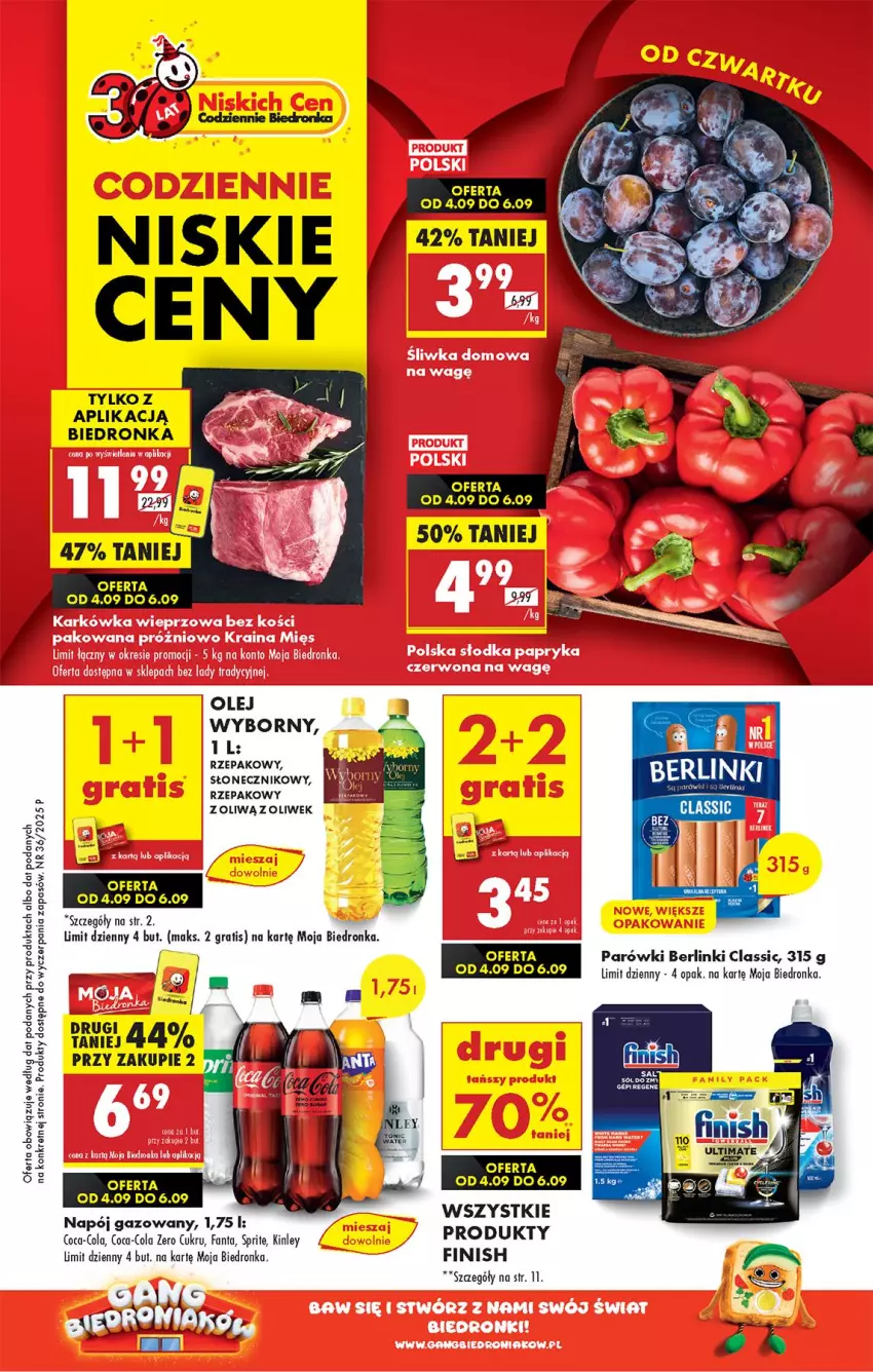 Gazetka promocyjna Biedronka - Od Czwartku - ważna 04.09 do 10.09.2025 - strona 1 - produkty: Berlinki, Coca-Cola, Fa, Fanta, Finish, Gra, Kret, Napój, Napój gazowany, Olej, Parówki, Sprite