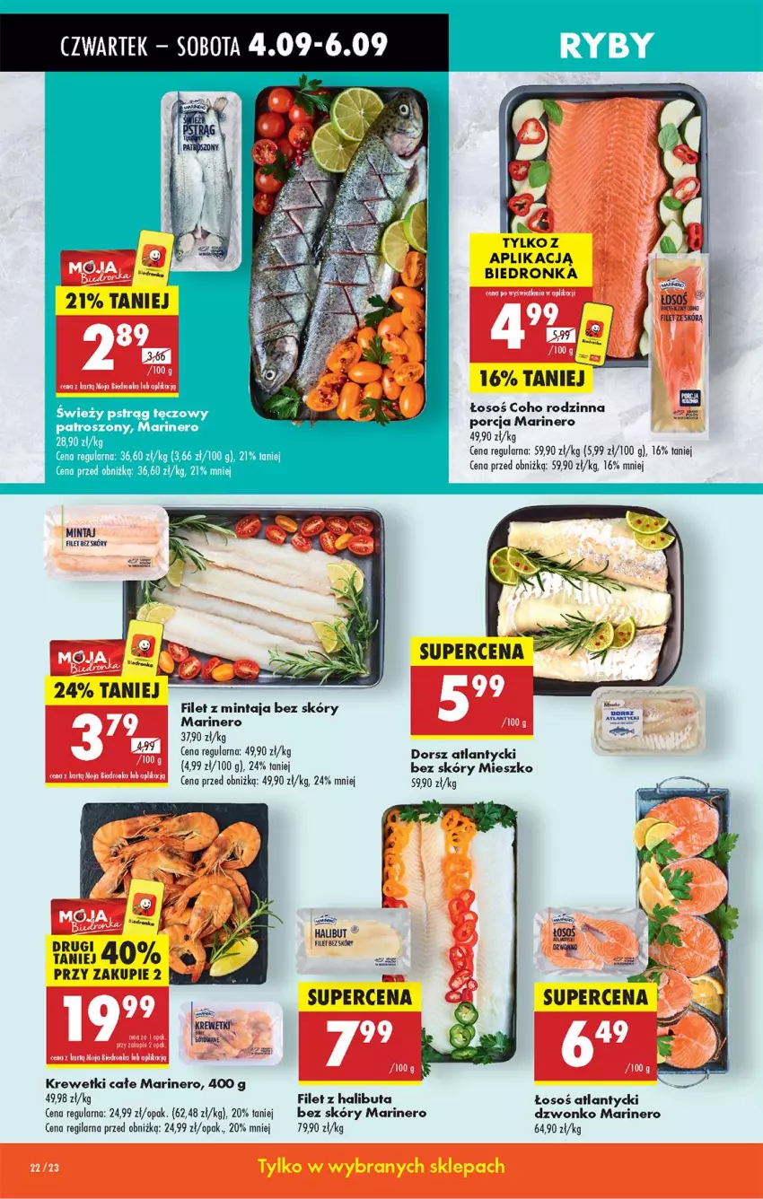 Gazetka promocyjna Biedronka - Od Czwartku - ważna 04.09 do 10.09.2025 - strona 28 - produkty: Dorsz, Filet z mintaja, Halibut, Krewetki, Mintaj, Por, Pstrąg, Pstrąg tęczowy