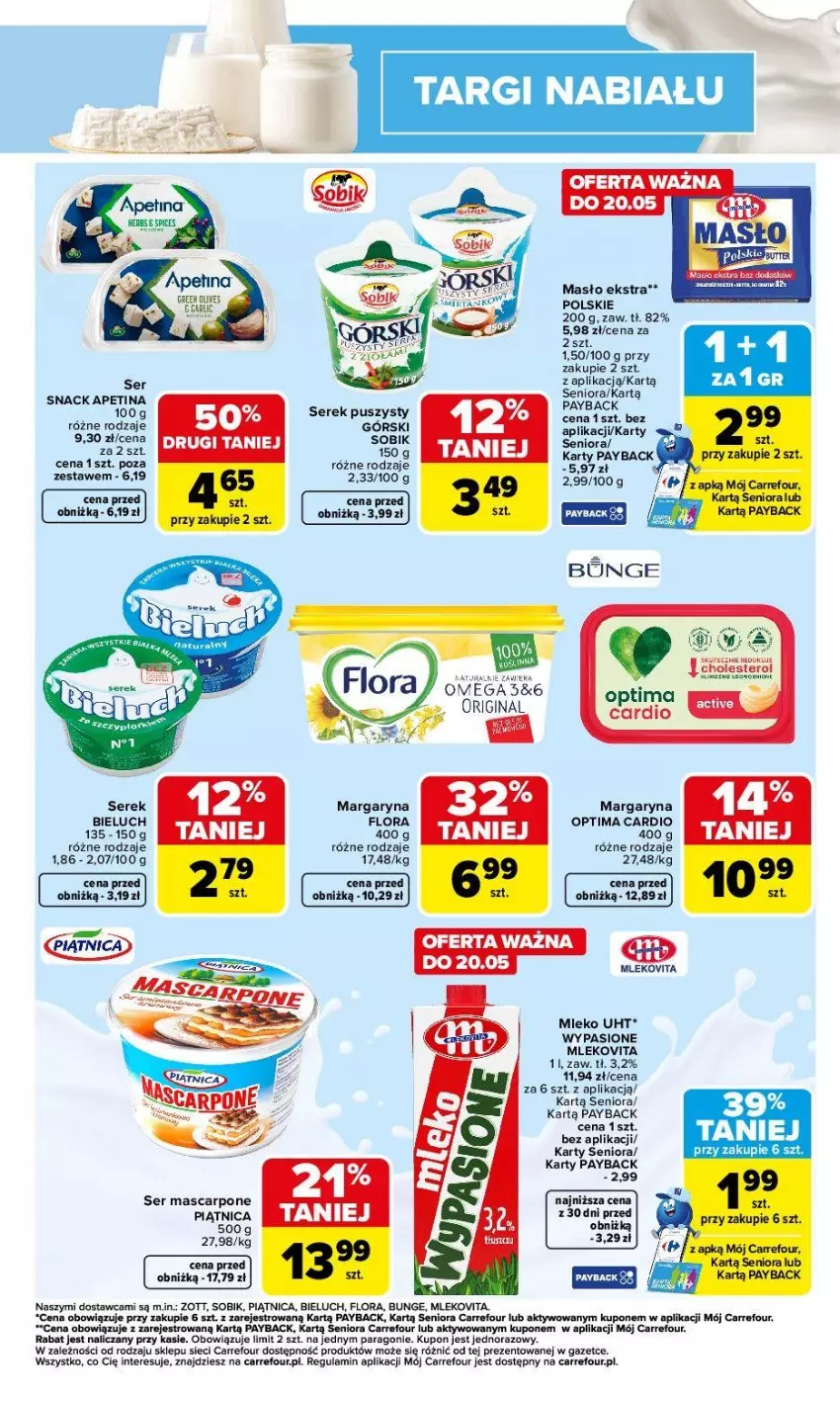 Gazetka promocyjna Carrefour - Gazetka Targi nabiału - ważna 18.05 do 23.05.2026 - strona 3 - produkty: Bieluch, Flora, Gin, Margaryna, Mascarpone, Masło, Mleko, Mlekovita, Optima, Optima Cardio, Piątnica, Ser, Serek, Serek puszysty