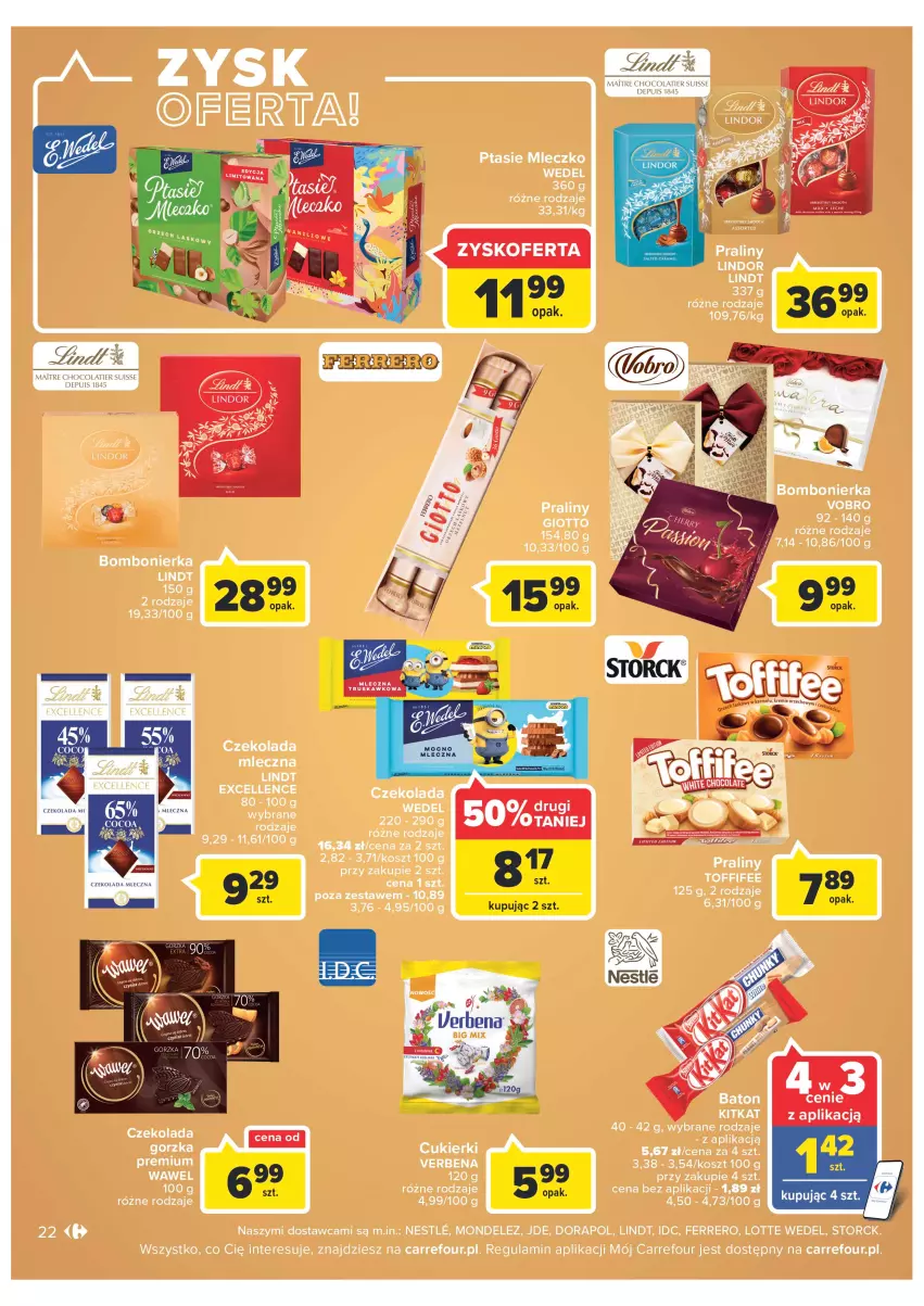 Gazetka promocyjna Carrefour - Gazetka Carrefour Zyskoteka - ważna 04.10 do 08.10.2022 - strona 22 - produkty: Baton, Cukier, Cukierki, Czekolada, Czekolada mleczna, Ferrero, Kosz, Lindor, Lindt, Mleczko, Praliny, Ptasie mleczko, Wawel