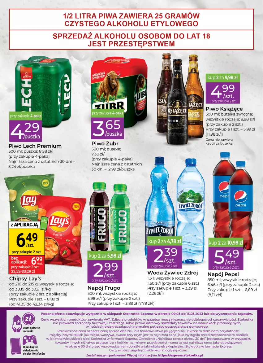 Gazetka promocyjna Stokrotka - Stokrotka Express - ważna 09.03 do 15.03.2023 - strona 4 - produkty: Chipsy, Fa, Koc, Lech Premium, Mięso, Napój, Owoce, Pepsi, Piwo, Telefon, Warzywa, Woda