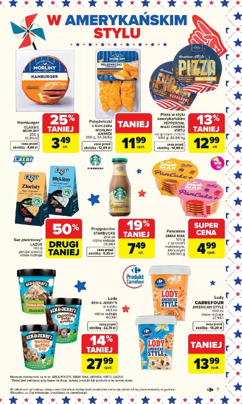 Gazetka promocyjna Carrefour - Gazetka Kuchnia amerykańska - ważna 20.04 do 02.05.2026 - strona 7 - produkty: Burger, Hamburger, Kurczak, Lazur, Lody, Morliny, Pizza, Por, Ser, Ser pleśniowy, Syrop, Virtu