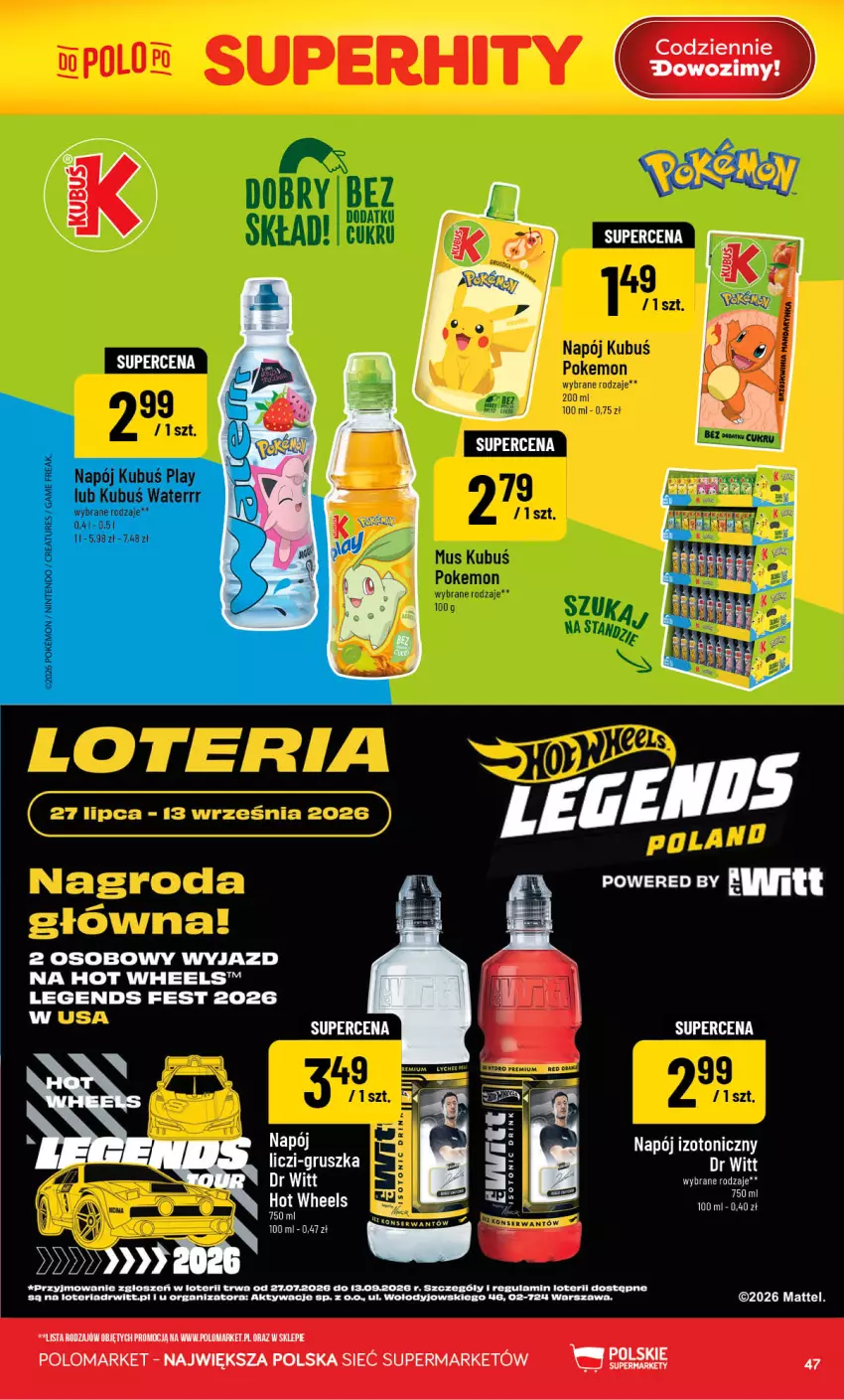 Gazetka promocyjna PoloMarket - Gazetka POLOmarket - ważna 19.08 do 25.08.2026 - strona 47 - produkty: Hot Wheels, Kubuś, Kubuś Waterrr, Liczi, Mattel, Napój, Napój izotoniczny, Por