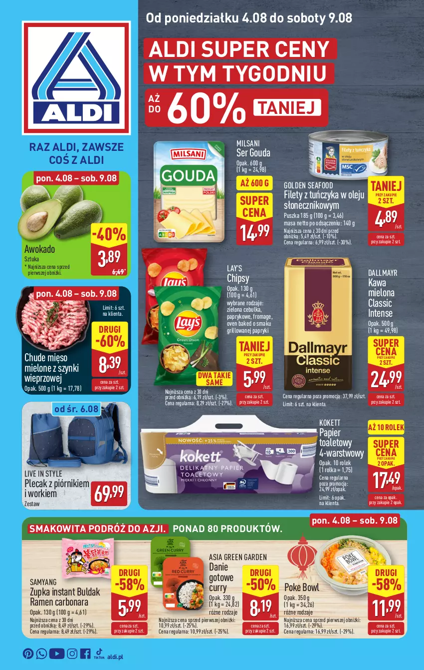 Gazetka promocyjna Aldi - Pełna oferta - ważna 04.08 do 09.08.2025 - strona 1 - produkty: Chipsy, Dallmayr, Danie gotowe, Golden Seafood, Gouda, Grill, Kawa, Kawa mielona, Mięso, Mięso mielone, Mięso mielone z szynki, Olej, Papier, Papier toaletowy, Piórnik, Plecak, Ser, Smakowita, Tuńczyk