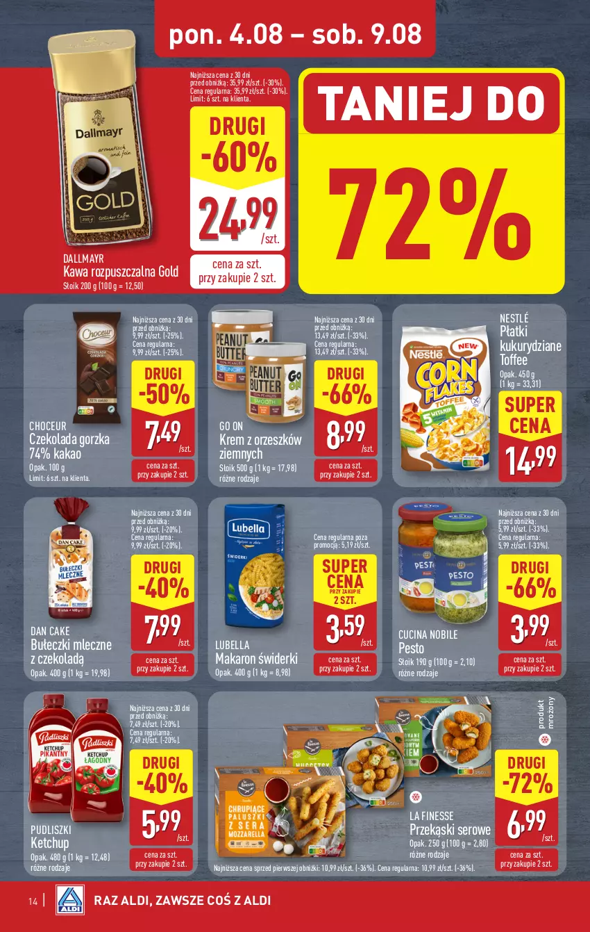 Gazetka promocyjna Aldi - Pełna oferta - ważna 04.08 do 09.08.2025 - strona 14 - produkty: Bell, Bella, Bułeczki, Bułeczki mleczne, Czekolada, Czekolada gorzka, Dallmayr, Dan Cake, Kakao, Kawa, Kawa rozpuszczalna, Ketchup, Lubella, Makaron, Nestlé, Pesto, Pudliszki, Ser