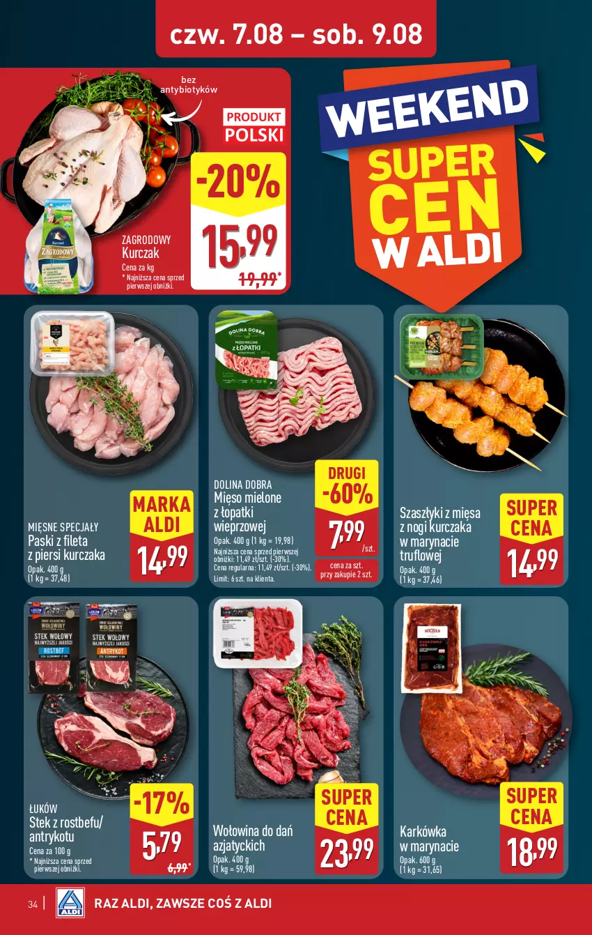 Gazetka promocyjna Aldi - Pełna oferta - ważna 04.08 do 09.08.2025 - strona 34 - produkty: Kurczak, Mięsne specjały, Mięso, Mięso mielone, Mięso mielone z łopatki wieprzowej, Rostbef, Stek, Wołowina