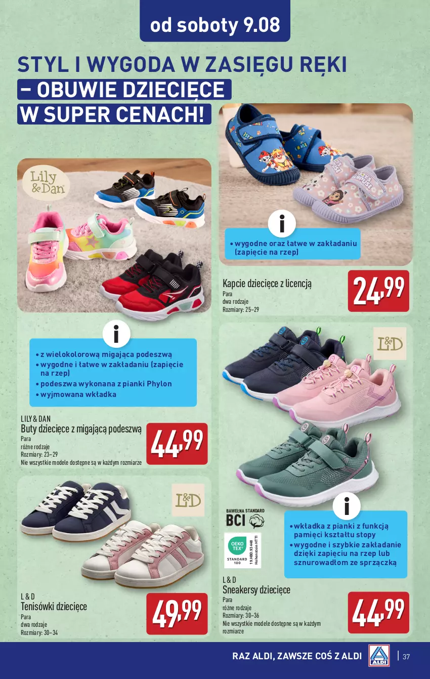 Gazetka promocyjna Aldi - Pełna oferta - ważna 04.08 do 09.08.2025 - strona 37 - produkty: Buty, Dzieci, Kapcie, Obuwie, Sneakersy, Tenisówki, Top
