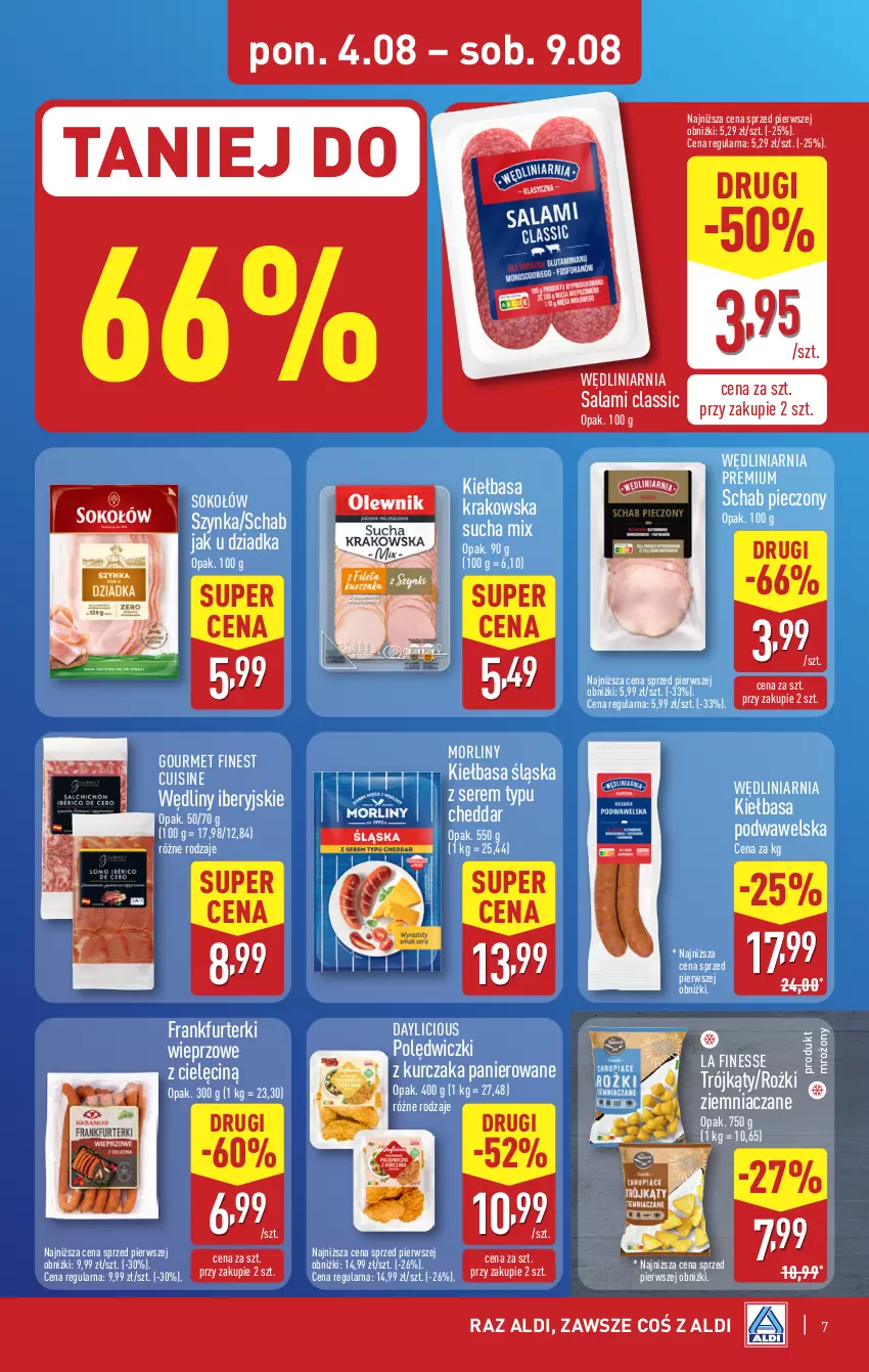 Gazetka promocyjna Aldi - Pełna oferta - ważna 04.08 do 09.08.2025 - strona 7 - produkty: Cheddar, Frankfurterki, Kiełbasa, Kiełbasa krakowska, Kiełbasa podwawelska, Kiełbasa śląska, Kurczak, Morliny, Piec, Polędwiczki z kurczaka, Salami, Schab pieczony, Ser, Sok, Sokołów, Szynka, Wawel