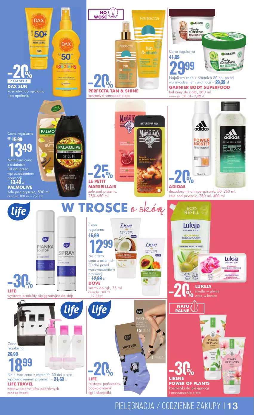 Gazetka promocyjna Super Pharm - ważna 15.05 do 28.05.2024 - strona 13 - produkty: Adidas, Antyperspirant, Body, DAX, Dezodorant, Dove, Garnier, Karp, Kosmetyki do pielęgnacji, Lirene, Luksja, Mars, Palmolive, Perfecta, Pojemnik, Pończochy, Rajstopy, Ser, Skarpetki, Top