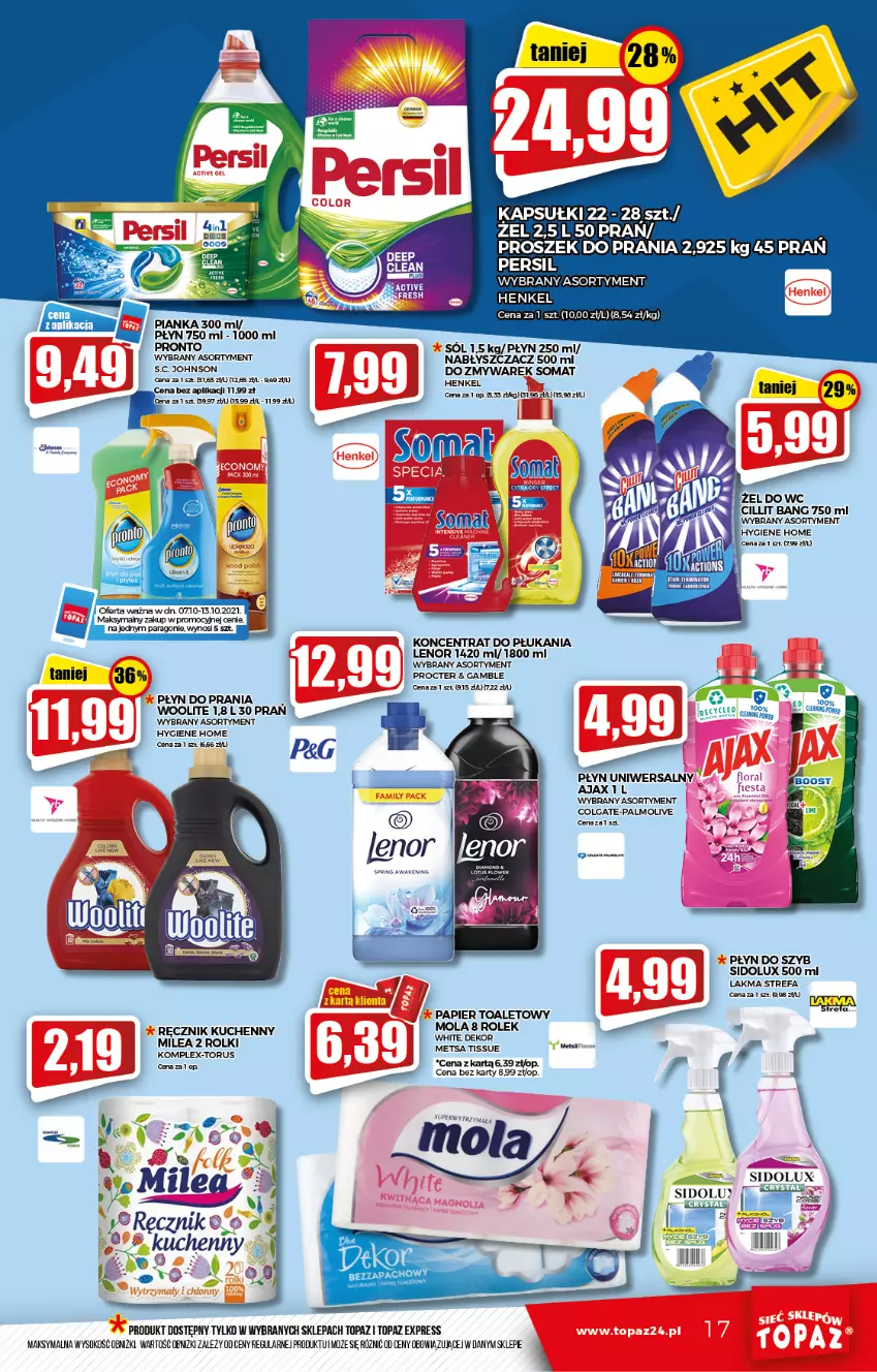 Gazetka promocyjna Topaz - Gazetka - ważna 07.10 do 13.10.2021 - strona 17 - produkty: Ajax, Cillit Bang, Colgate, Fa, Lenor, LG, Mola, Palmolive, Papier, Papier toaletowy, Płyn do prania, Płyn do szyb, Pronto, Ręcznik, Ręcznik kuchenny, Rolki, Sidolux, Sok, Sól, Somat, Top, Woolite