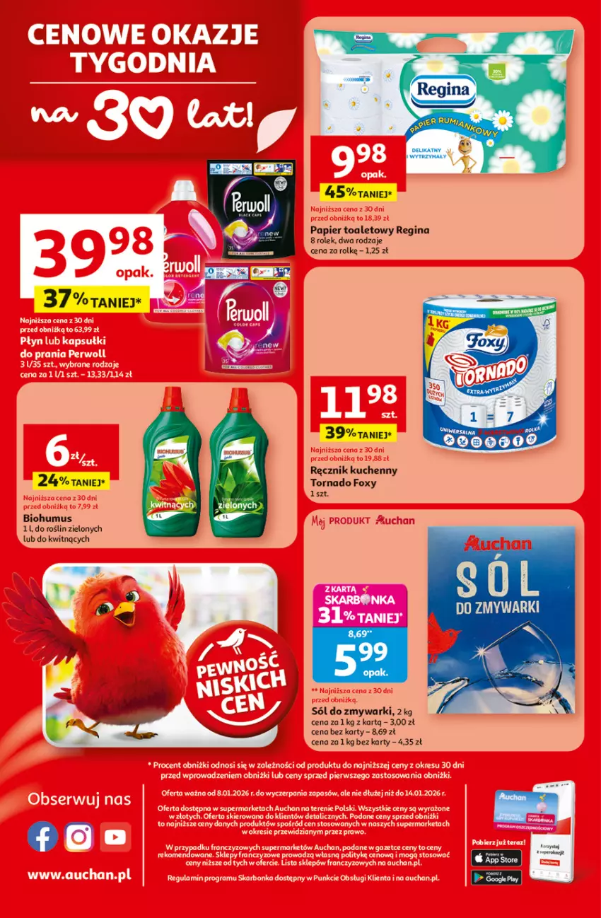 Gazetka promocyjna Auchan - 30 Lat Supermarket Auchan Franczyza - ważna 08.01 do 14.01.2026 - strona 4 - produkty: Biohumus, Foxy, Gin, Mus, Papier, Papier toaletowy, Ręcznik, Ręcznik kuchenny, Sól, Zmywarki