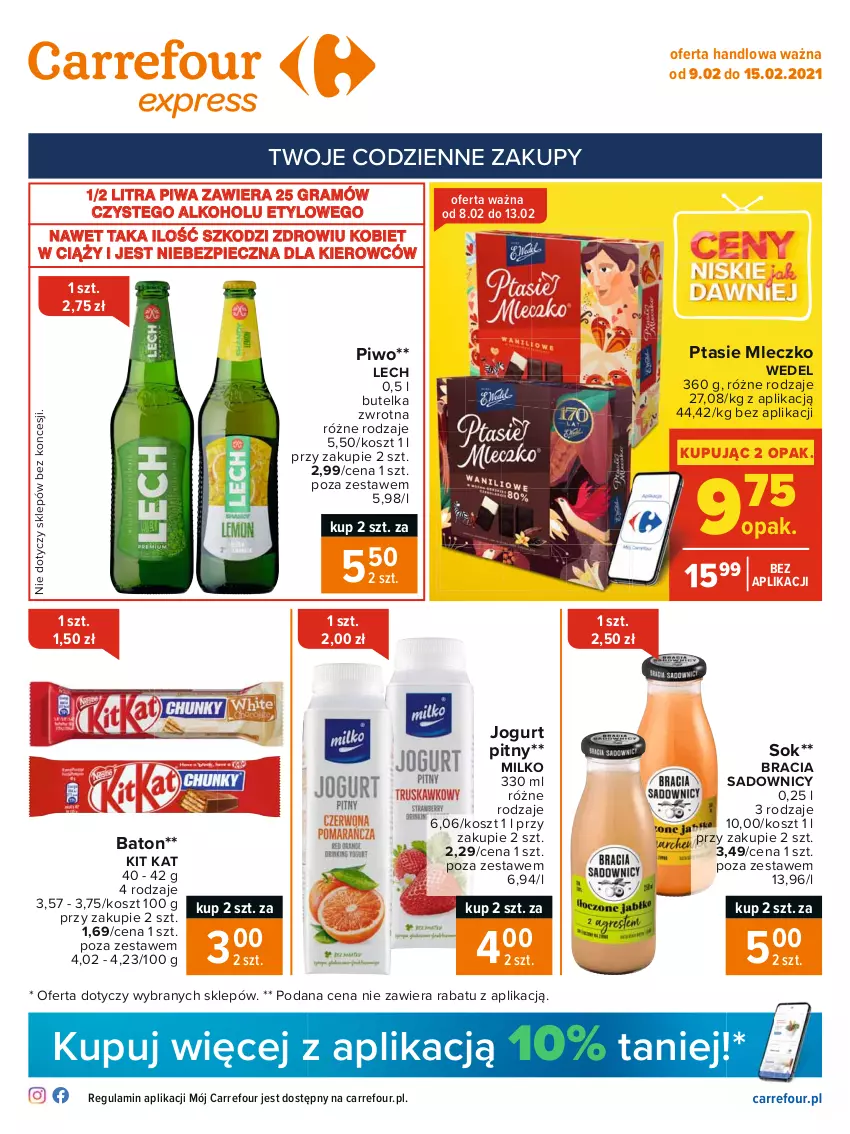 Gazetka promocyjna Carrefour - Gazetka Express - ważna 08.02 do 15.02.2021 - strona 1 - produkty: Baton, Gra, Jogurt, Jogurt pitny, Kit Kat, Kosz, Mleczko, Piec, Piwa, Piwo, Ptasie mleczko, Sok