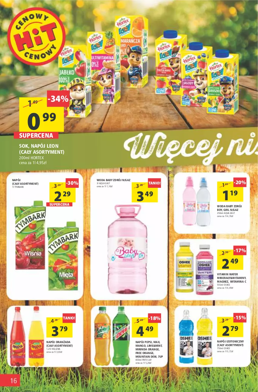 Gazetka promocyjna Arhelan - Gazetka - ważna 20.05 do 29.05.2022 - strona 16 - produkty: 7up, Hellena, Hortex, Leon, Magnez, Mango, Mirinda, Napój, Napój izotoniczny, Oranżada, Oshee, Pepsi, Sok, Tymbark, Woda