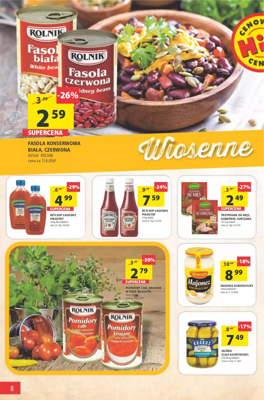 Gazetka promocyjna Arhelan - Gazetka - ważna 20.05 do 29.05.2022 - strona 8 - produkty: Fa, Fasola, Heinz, Kamis, Ketchup, Krakus, Kurczak, Majonez, Pomidory, Rolnik, Ser, Sos, Winiary