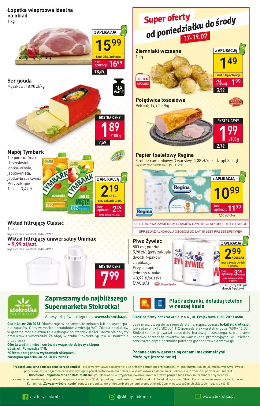 Gazetka promocyjna Stokrotka - Supermarket - ważna 13.07 do 19.07.2023 - strona 18 - produkty: Gin, Gouda, Gra, Mięso, Mięta, Mysz, Napój, O nas, Owoce, Papier, Papier toaletowy, Pekpol, Piwa, Piwo, Polędwica, Rum, Ser, Sos, Telefon, Tymbark, Wagi, Warzywa, Wkład filtrujący, Ziemniaki