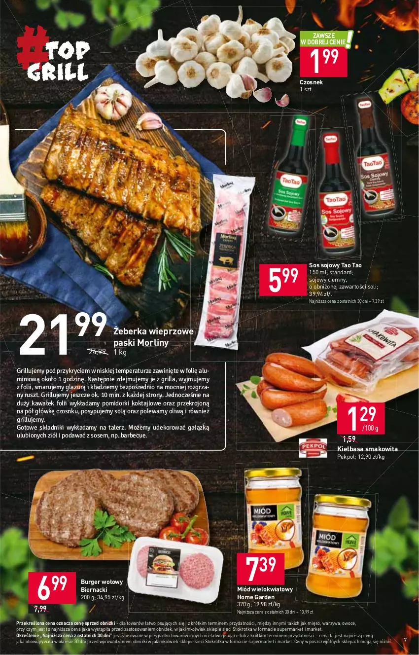 Gazetka promocyjna Stokrotka - Supermarket - ważna 13.07 do 19.07.2023 - strona 7 - produkty: Burger, Czosnek, Kiełbasa, Mięso, Miód, Morliny, Owoce, Pekpol, Smakowita, Sos, Sos sojowy, Warzywa