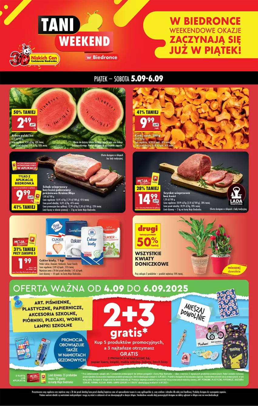 Gazetka promocyjna Biedronka - Tani Weekend - ważna 05.09 do 06.09.2025 - strona 1 - produkty: Arbuz, Gra, Kosz, Okno, Papier, Piórnik, Plecak, Por, Woal