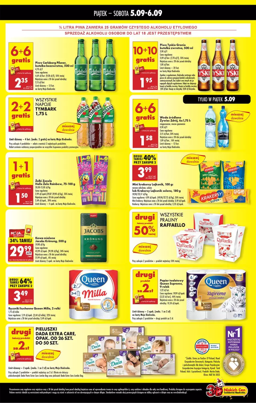 Gazetka promocyjna Biedronka - Tani Weekend - ważna 05.09 do 06.09.2025 - strona 2 - produkty: Ba!, Carlsberg, Dada, Dzieci, Fa, Gra, Jacobs, Kawa, Kawa mielona, Krakersy, Lajkonik, LANA, Napoje, O Bag, Papier, Papier toaletowy, Pieluchy, Piwa, Piwo, Praliny, Raffaello, Ręcznik, Rolki, Tymbark, Tyskie, Woda