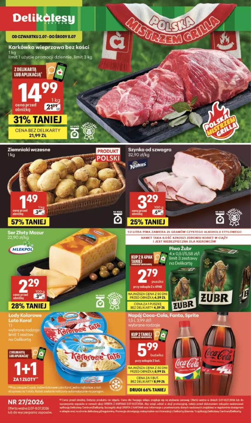 Gazetka promocyjna Delikatesy Centrum - Franczyza DC27 Czwartek - ważna 02.07 do 08.07.2026 - strona 1 - produkty: Gra, Karkówka wieprzowa, Lody, Piec, Piwa, Piwo, Por, Rum, Szynka, Tran