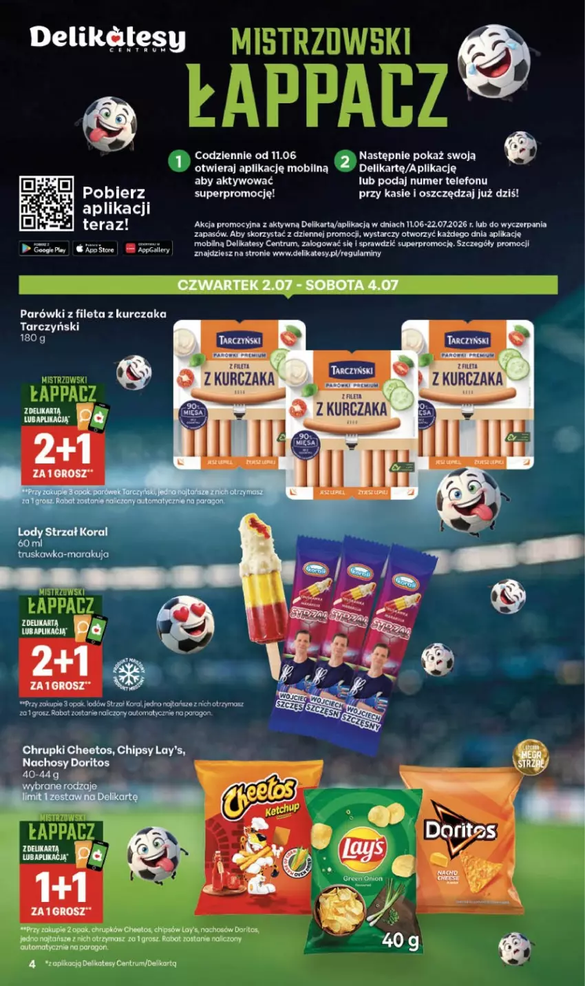Gazetka promocyjna Delikatesy Centrum - Franczyza DC27 Czwartek - ważna 02.07 do 08.07.2026 - strona 4 - produkty: Cheetos, Chipsy, Chrupki, Kurczak, Mobil, Parówki, Rum, Telefon