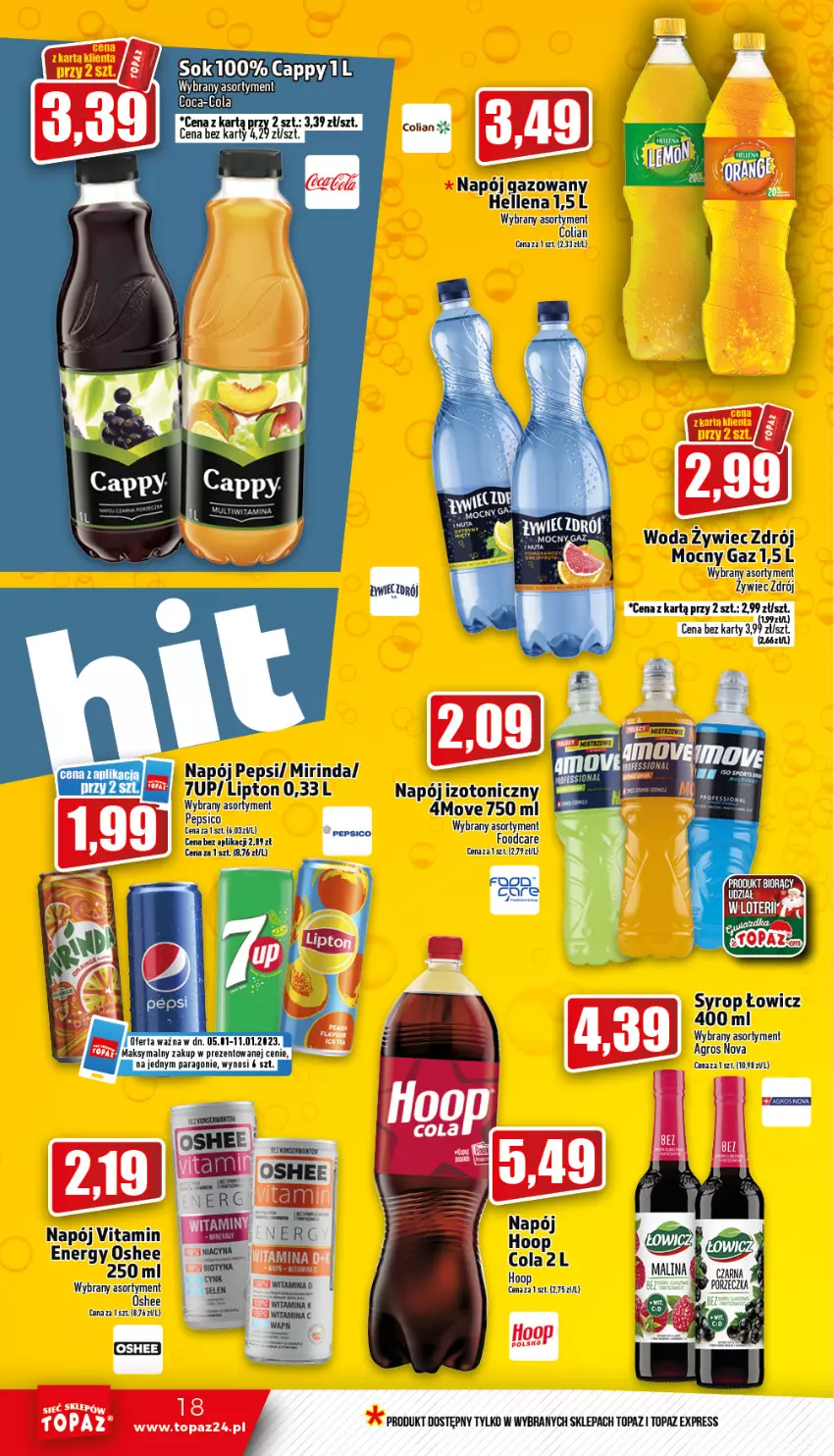 Gazetka promocyjna Topaz - Gazetka - ważna 05.01 do 11.01.2023 - strona 18 - produkty: 7up, Hellena, Hoop, Lipton, Mirinda, Napój, Napój gazowany, Napój izotoniczny, Oshee, Pepsi, Syrop, Top, Woda