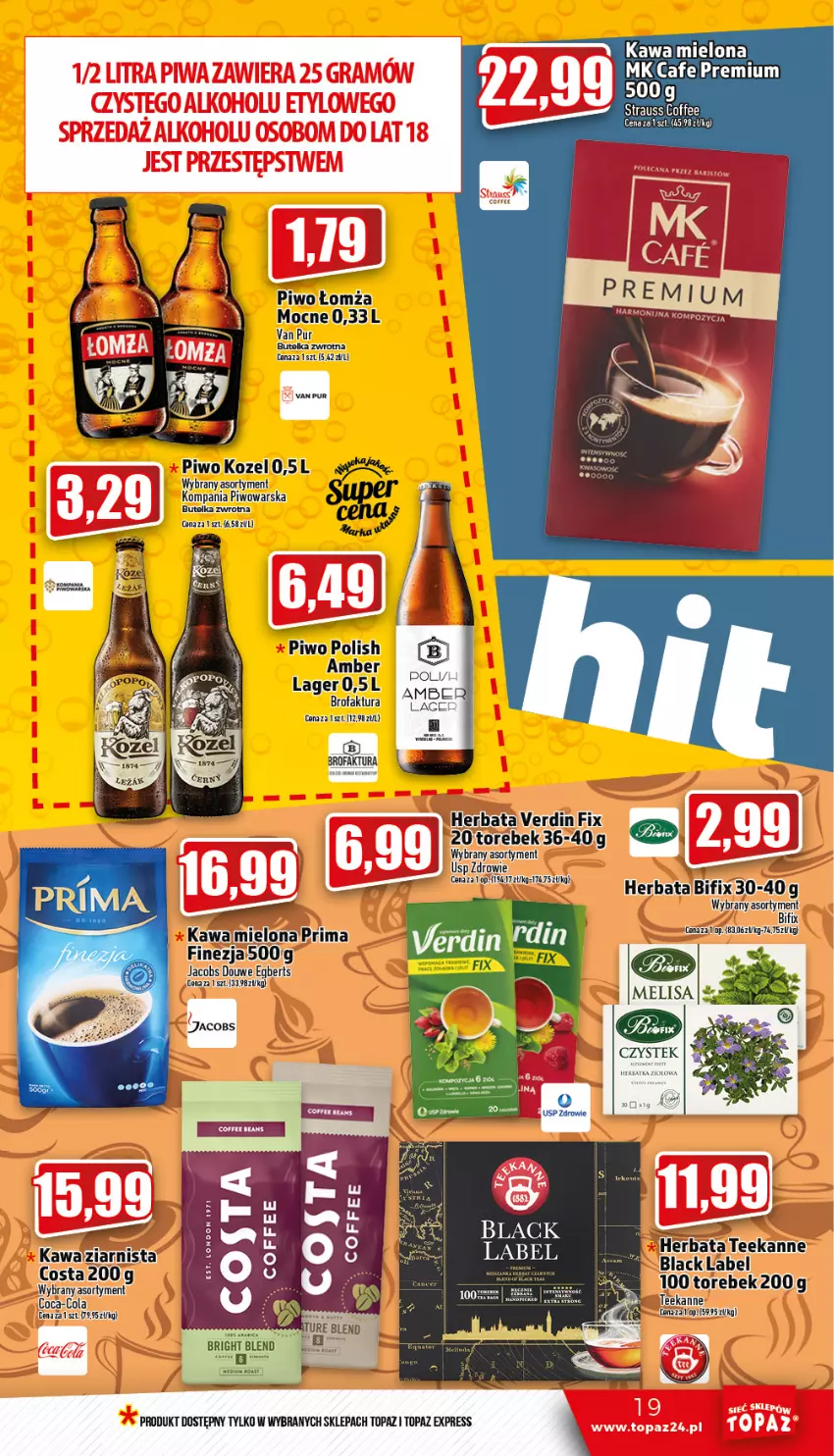 Gazetka promocyjna Topaz - Gazetka - ważna 05.01 do 11.01.2023 - strona 19 - produkty: Coca-Cola, Fa, Herbata, Jacobs, Kawa, Kozel, Lack, Piwo, Prima, Pur, Stek, Top, Zdrowie