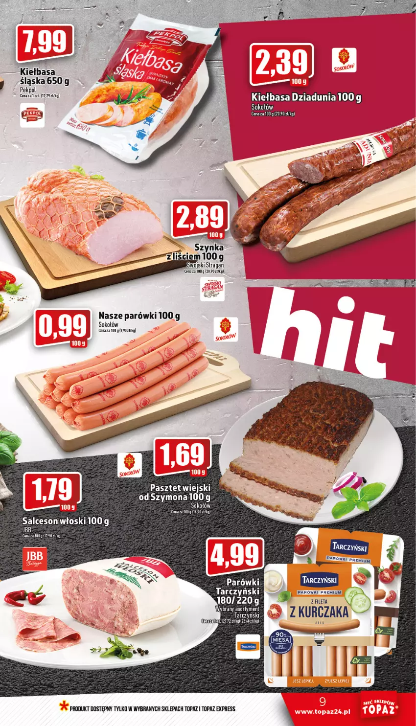 Gazetka promocyjna Topaz - Gazetka - ważna 05.01 do 11.01.2023 - strona 9 - produkty: Gra, Kiełbasa, Kiełbasa śląska, Kurczak, Noż, Orka, Parówki, Pasztet, Pekpol, Sok, Sokołów, Tarczyński, Top