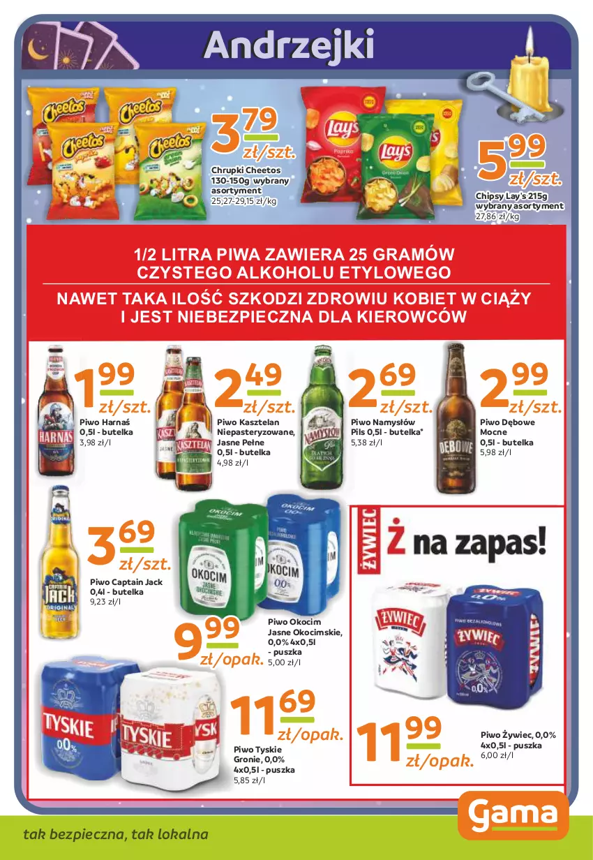 Gazetka promocyjna Gama - Gazetka Gama - ważna 25.11 do 06.12.2021 - strona 11 - produkty: Captain Jack, Cheetos, Chipsy, Chrupki, Gra, Harnaś, Kasztelan, Koc, Namysłów, Okocim, Piec, Piwa, Piwo, Tyskie