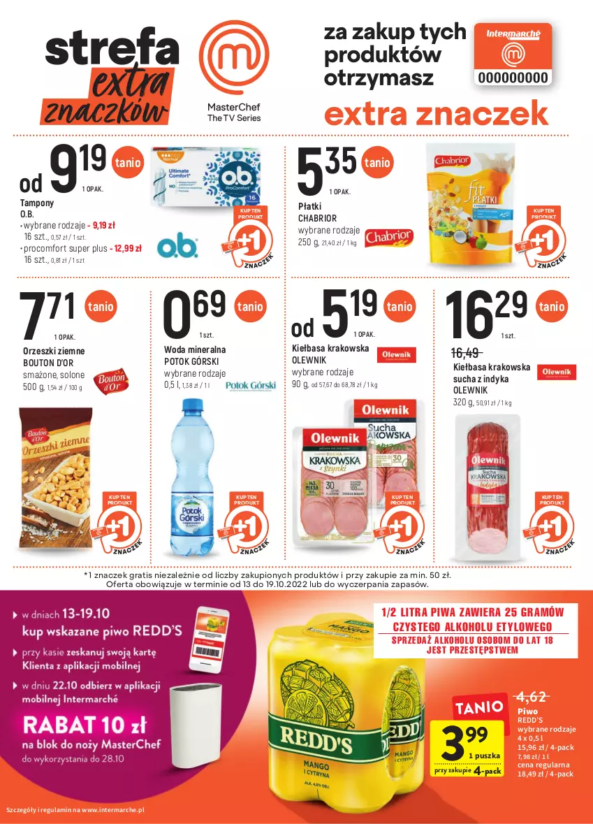 Gazetka promocyjna Intermarche - Gazetka Intermarche - ważna 13.10 do 19.10.2022 - strona 5 - produkty: Chabrior, Gra, Kiełbasa, Kiełbasa krakowska, O.B., Olewnik, Orzeszki, Orzeszki ziemne, Piwa, Piwo, Tampony, Woda, Woda mineralna