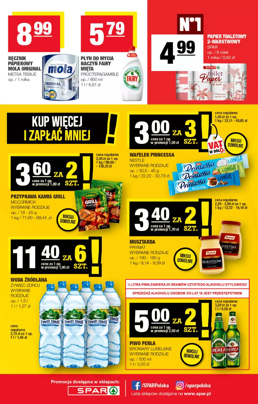 Gazetka promocyjna Spar - Spar - ważna 19.04 do 29.04.2022 - strona 8 - produkty: Fa, Fairy, Gin, Grill, Kamis, LANA, LG, Mięta, Mola, Mus, Musztarda, Papier, Perła, Piwo, Płyn do mycia, Princessa, Prymat, Ręcznik, Tera, Wafelek, Woda, Woda zrodlana