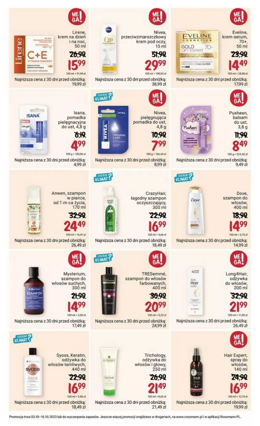 Gazetka promocyjna Rossmann - ważna 03.10 do 16.10.2023 - strona 17 - produkty: Balsam do ust, Dove, Eveline, Fa, Krem na dzień, Krem na dzień i na noc, Krem pod oczy, Lirene, Mars, Nivea, Odżywka, Rum, Ser, Serum, Syoss, Szampon