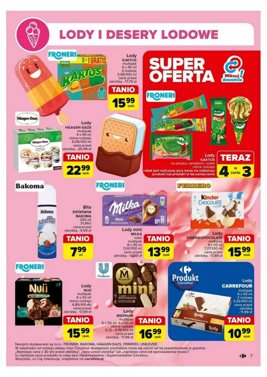 Gazetka promocyjna Carrefour - ważna 04.06 do 08.06.2024 - strona 3 - produkty: Bakoma, Ferrero, Kaktus, Kinder, Lody, Milka