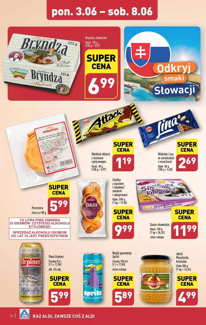 Gazetka promocyjna Aldi - Pełna oferta - ważna 03.06 do 08.06.2024 - strona 16 - produkty: Bryndza, Gra, Mus, Musztarda, Napój, Napój gazowany, Piwa, Piwo, Wafelek