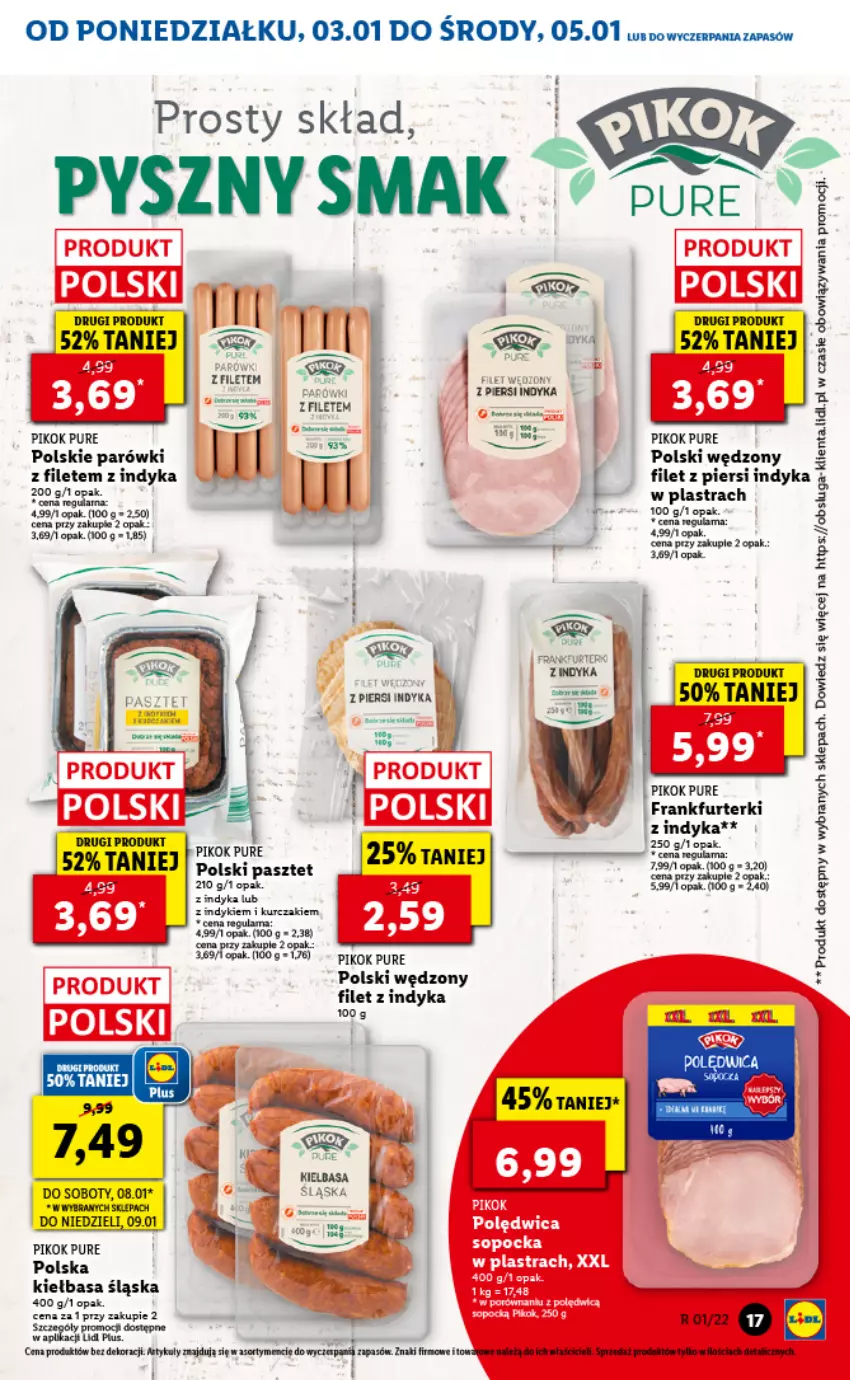 Gazetka promocyjna Lidl - GAZETKA - ważna 03.01 do 05.01.2022 - strona 17 - produkty: Fa, Filet z piersi indyka, Frankfurterki, Kiełbasa, Kiełbasa śląska, Parówki, Pasztet, PIKOK, Por, Pur