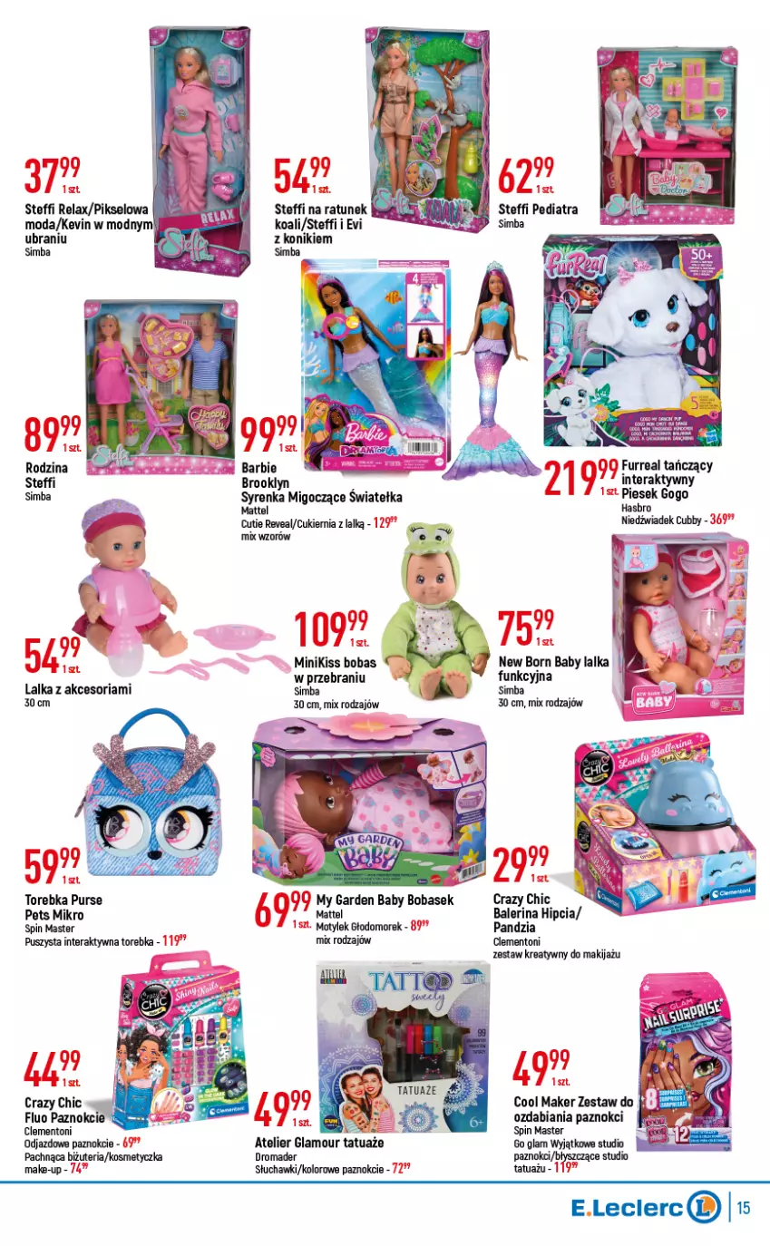 Gazetka promocyjna E Leclerc - ważna 17.05 do 28.05.2022 - strona 15 - produkty: Barbie, Crazy Chic, Cukier, Kosmetyczka, Lalka, Makijaż, Mattel, Moda, NBA, Pur, Słuchawki, Tera, Torebka