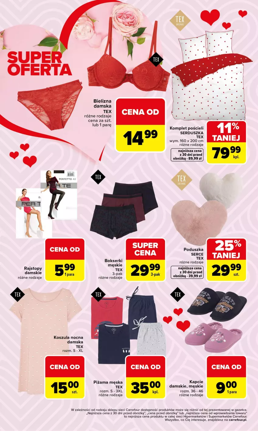 Gazetka promocyjna Carrefour - Gazetka Walentynki - ważna 09.02 do 14.02.2026 - strona 2 - produkty: Bielizna, Bokserki, Kapcie, Komplet pościeli, Kosz, Koszula, Koszula nocna, Piżama, Poduszka, Pościel, Rajstopy, Ser, Top