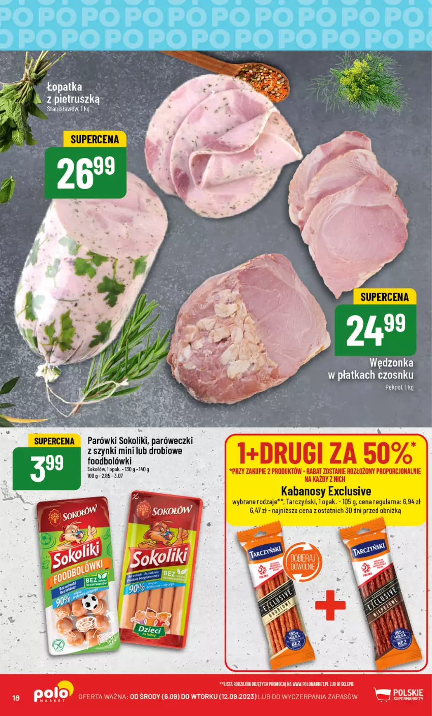 Gazetka promocyjna PoloMarket - Gazetka pomocyjna - ważna 06.09 do 12.09.2023 - strona 18 - produkty: Kabanos, Parówki, Parówki sokoliki, Pekpol, Sok, Sokołów, Tarczyński