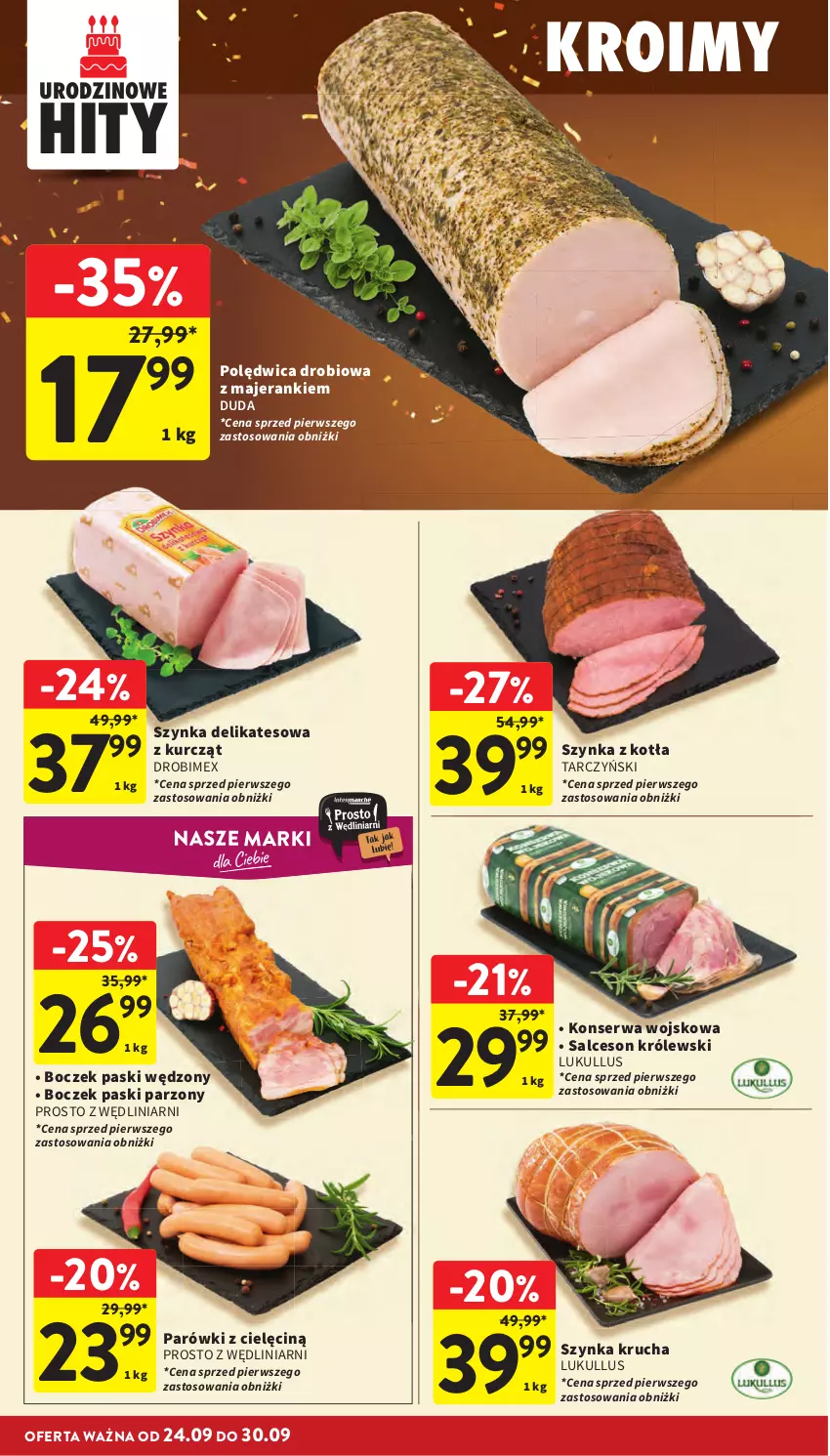 Gazetka promocyjna Intermarche - Gazetka promocyjna - ważna 24.09 do 30.09.2026 - strona 16 - produkty: Boczek, Drobimex, Duda, Królewski, Parówki, Polędwica, Salceson, Ser, Szynka, Szynka delikatesowa, Tarczyński