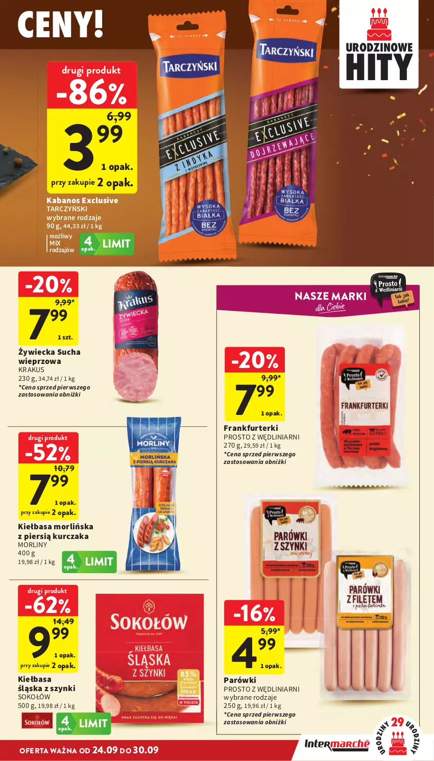 Gazetka promocyjna Intermarche - Gazetka promocyjna - ważna 24.09 do 30.09.2026 - strona 17 - produkty: Frankfurterki, Kabanos, Kiełbasa, Kiełbasa śląska, Krakus, Kurczak, Morliny, Parówki, Sok, Sokołów, Tarczyński